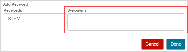 The Keywords field contains "STEM" and the Synonyms field is highlighted.